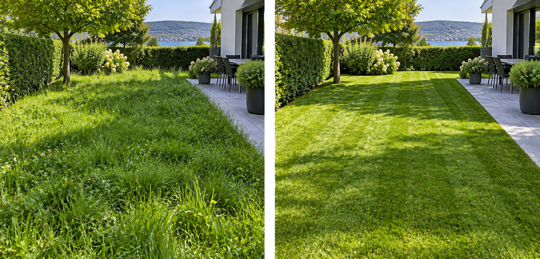 Silvercoast Gartenarbeiten – Rasenpflege am Zürichsee, vorher und nachher